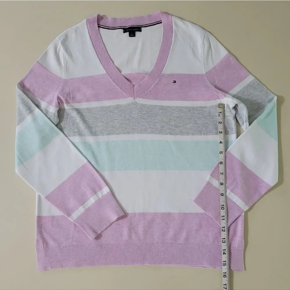 Tommy Hilfiger Pastel Pink Stripe Long Sleeve V-Neck Women's Sweater